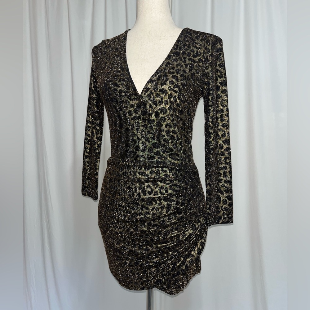 Lovers + Friends Metallic‎ Leopard Long Sleeve Mini Faux Wrap Dress Size Small - Picture 4 of 7